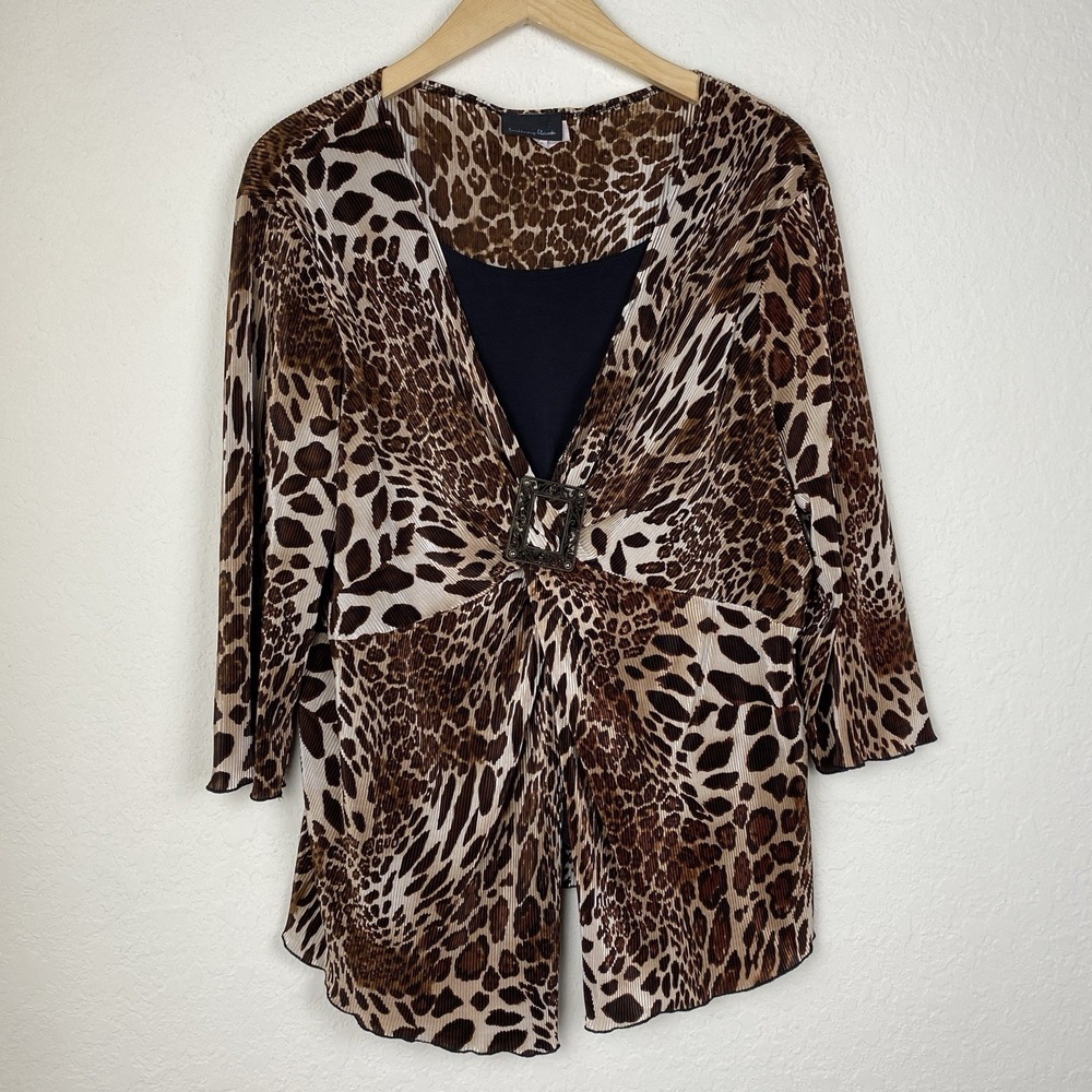 Y2k Brittany Black 2XL Blouse Animal Print Asymmetric Hem Buckle Babydoll Vtg
